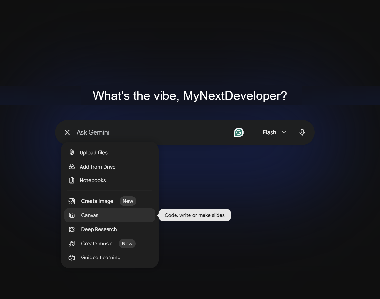 Gemini's Ask Gemini menu open, showing the Canvas option for creating slides