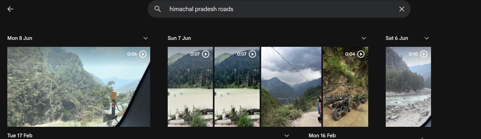 Google Photos search results for himachal pradesh roads, showing matching photos and videos found automatically without any file names or tags