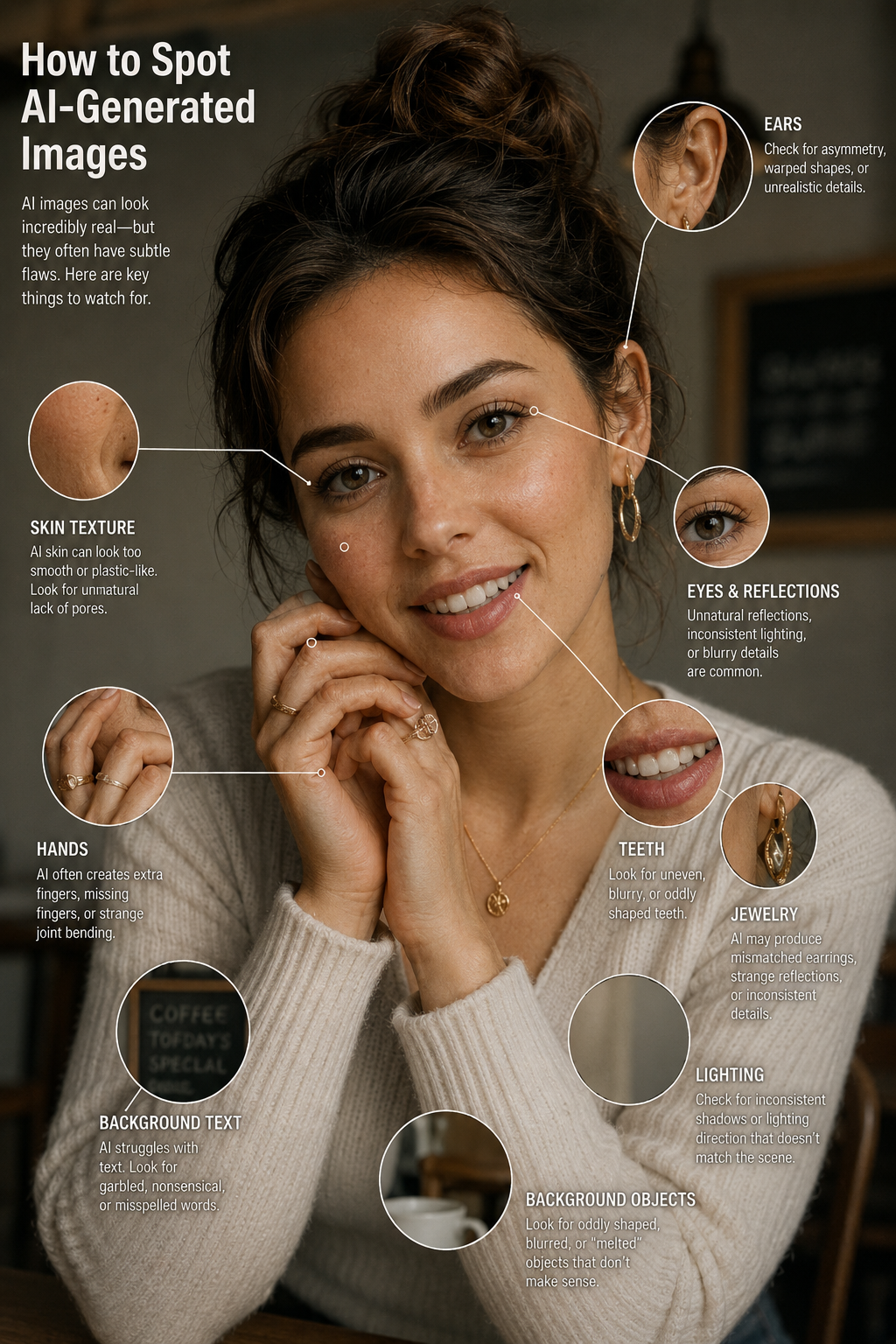 Infographic showing how to spot AI-generated images, with callouts on skin texture, eyes, ears, teeth, jewellery, hands, lighting, and background text and objects