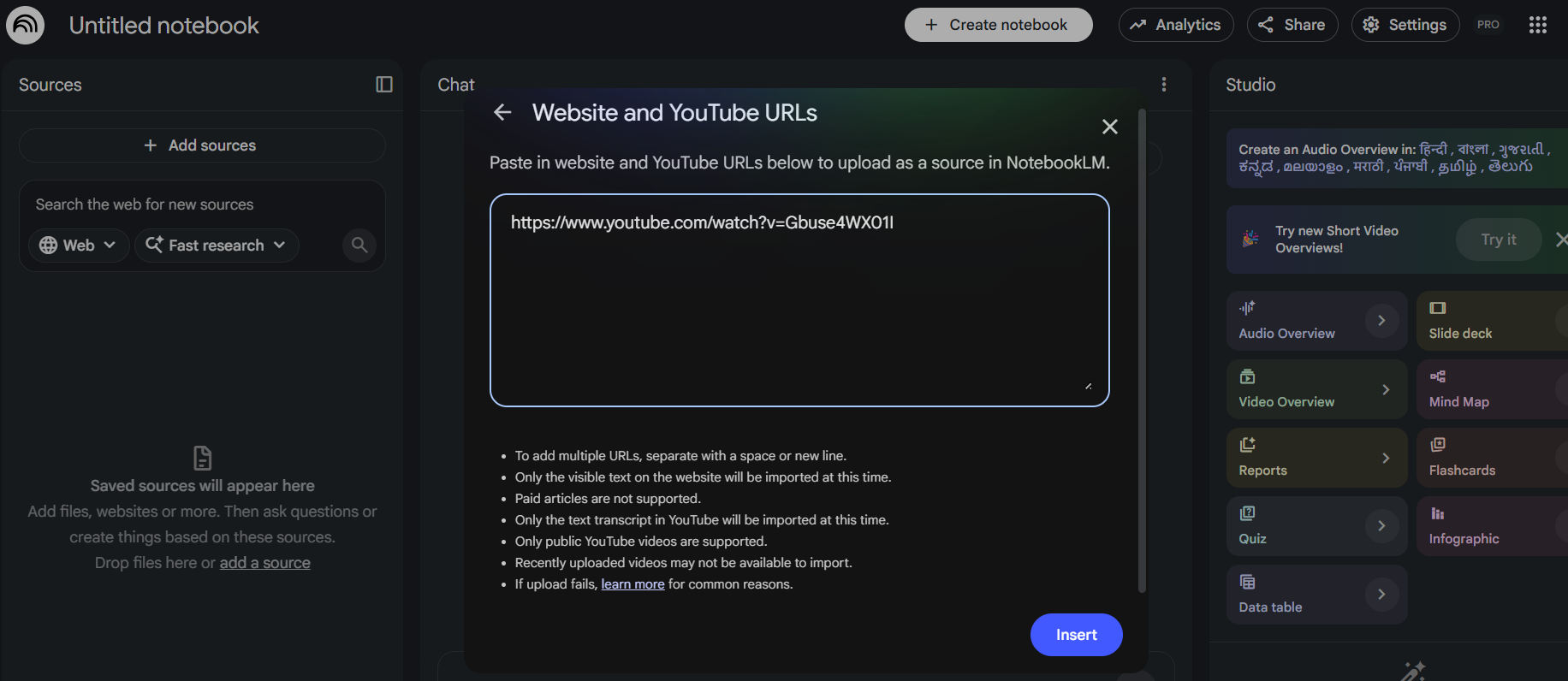 The NotebookLM dialog for adding a website or YouTube URL as a source