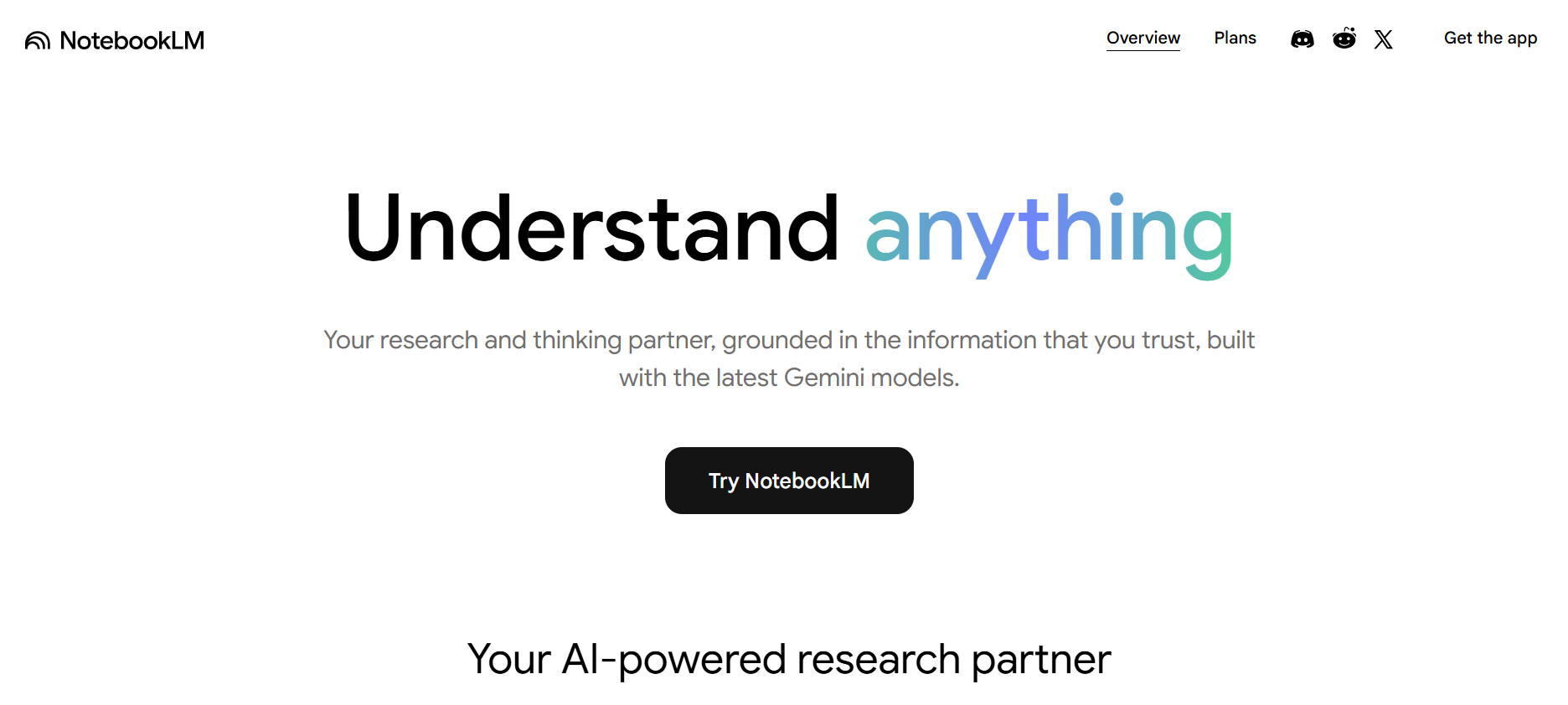 The NotebookLM homepage, with the heading Understand anything and a Try NotebookLM button