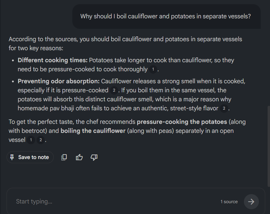NotebookLM answering the question, why should I boil cauliflower and potatoes in separate vessels, using only the source video