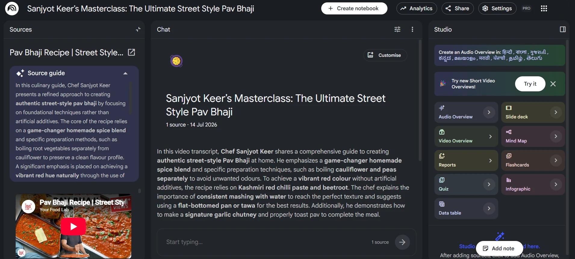 NotebookLM showing a written summary of a Pav Bhaji recipe video, titled Sanjyot Keer's Masterclass